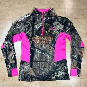 Mossy Oak Women's Medium Long Sleeve 1/4 Zip Pullover Pink Camo Thumb Hole EUC
